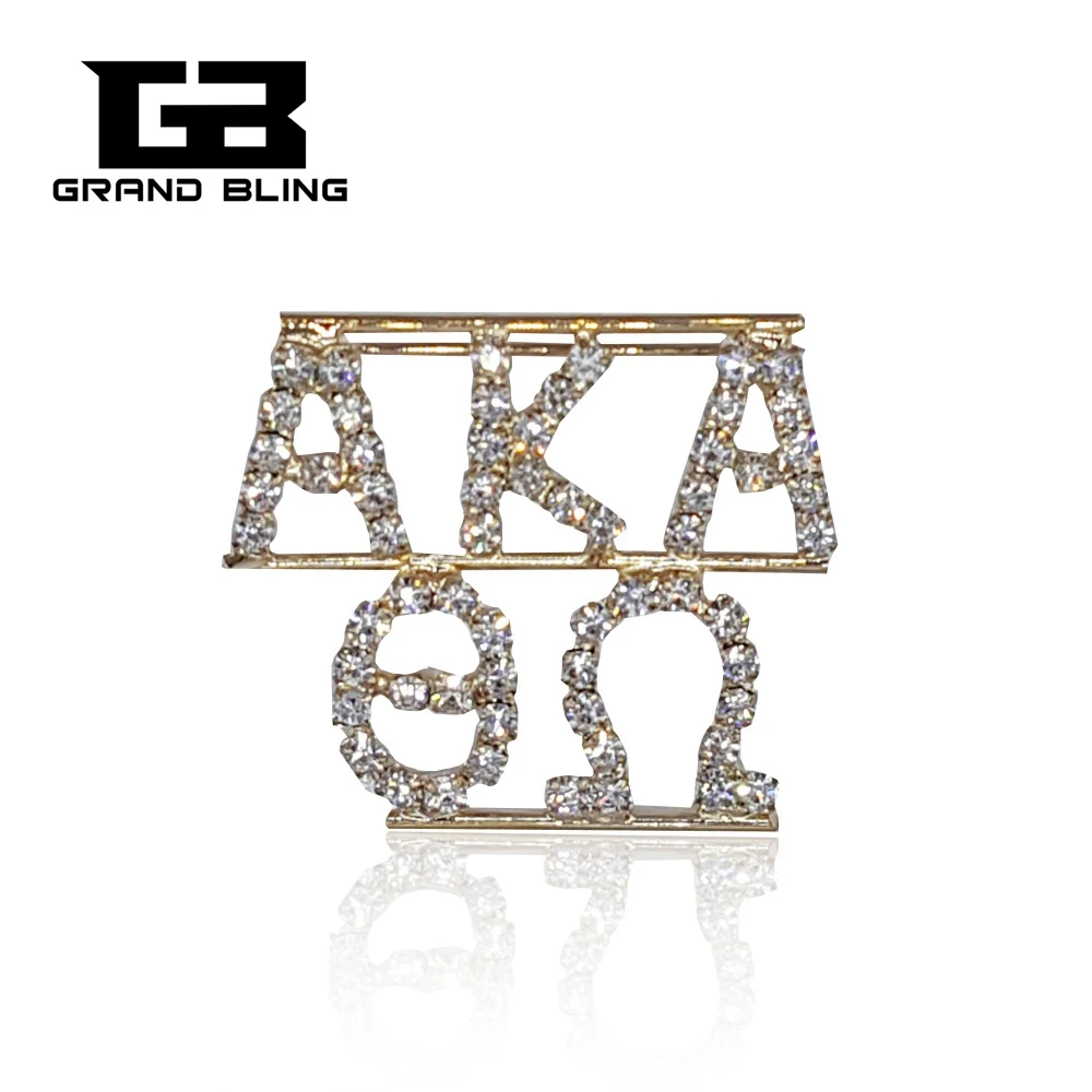 

Greek Theme Rhinestone Letters Pin Gold Plated Brooch
