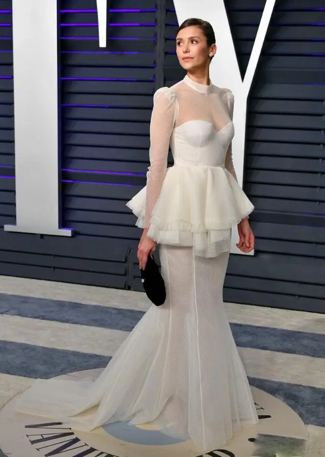^Cheap 2019 Oscar Mermaid prom jurken Hoge Hals lange mouwen Avondjurken Sweep Trein Modest Partij Jassen Goedkope