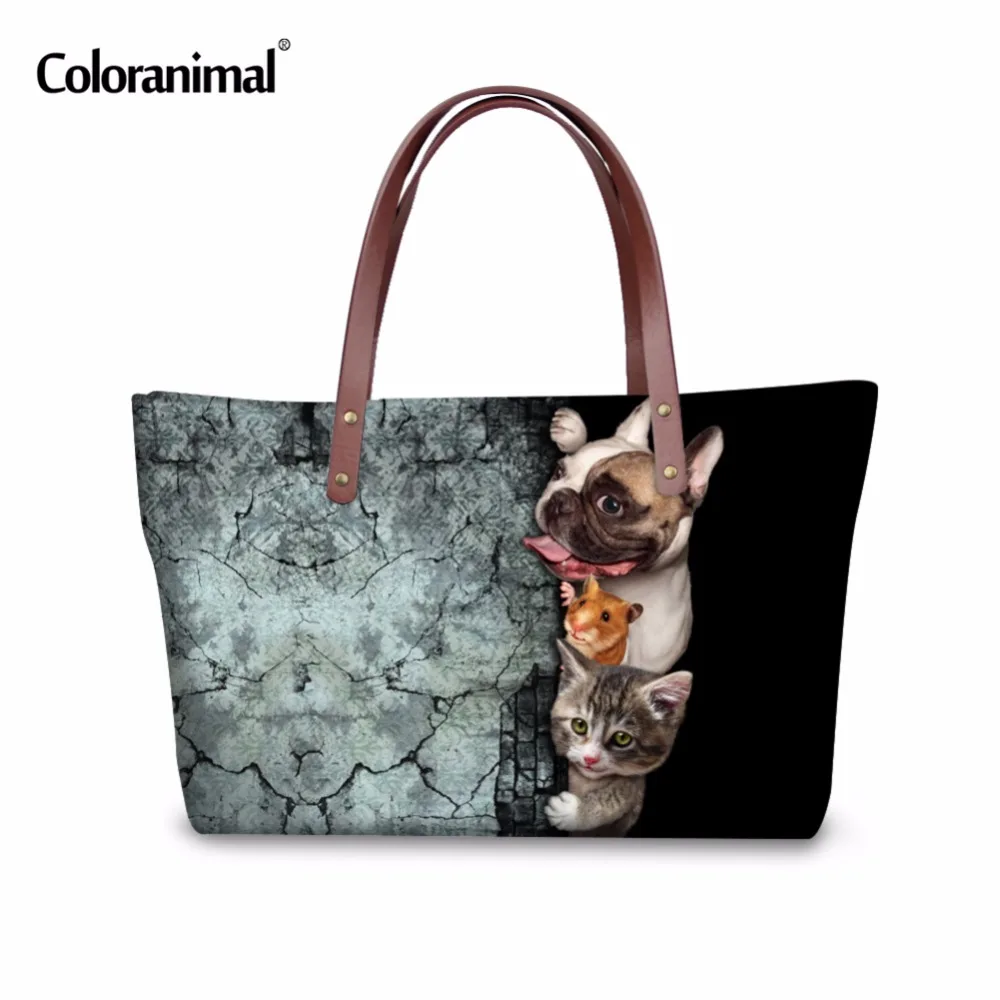 Best Coloranimal Cute Pug Dog Pattern Women Handbags Ladies Casual Shoulder Bag Animal Cat Mouse Print Top Handle Bags Big Tote Purse