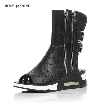 

2019 Summer Fashion Leather Mid-calf Women Boots Flat with Peep Toe Buckle Zipper Women Sandals Hole Shoes Ladies Casual Shoes