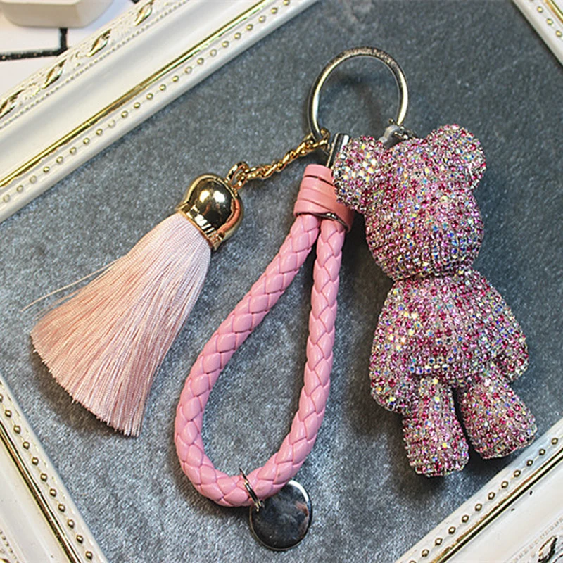 New Luxury Leather Rope Tassel Car Keychain Keyring Handmade Rhinestone