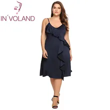 

IN'VOLAND Women A-line Dress Plus Size Spaghetti Strap Summer Sexy Deep V-Neck Strappy Solid Ruffled Ladies Dresses Oversized