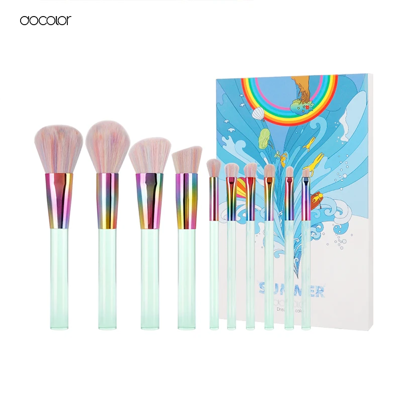 Docolor New 10PCS Makeup brushes Set Light Green Transparent Handles with Colorful Bristle Make up Brushes