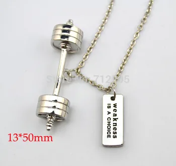 

New Arrival Fitness weightlifting Gym Jewelry 20pcs a lot Dumbbell barbell with Weakness Is A Choice chain necklace