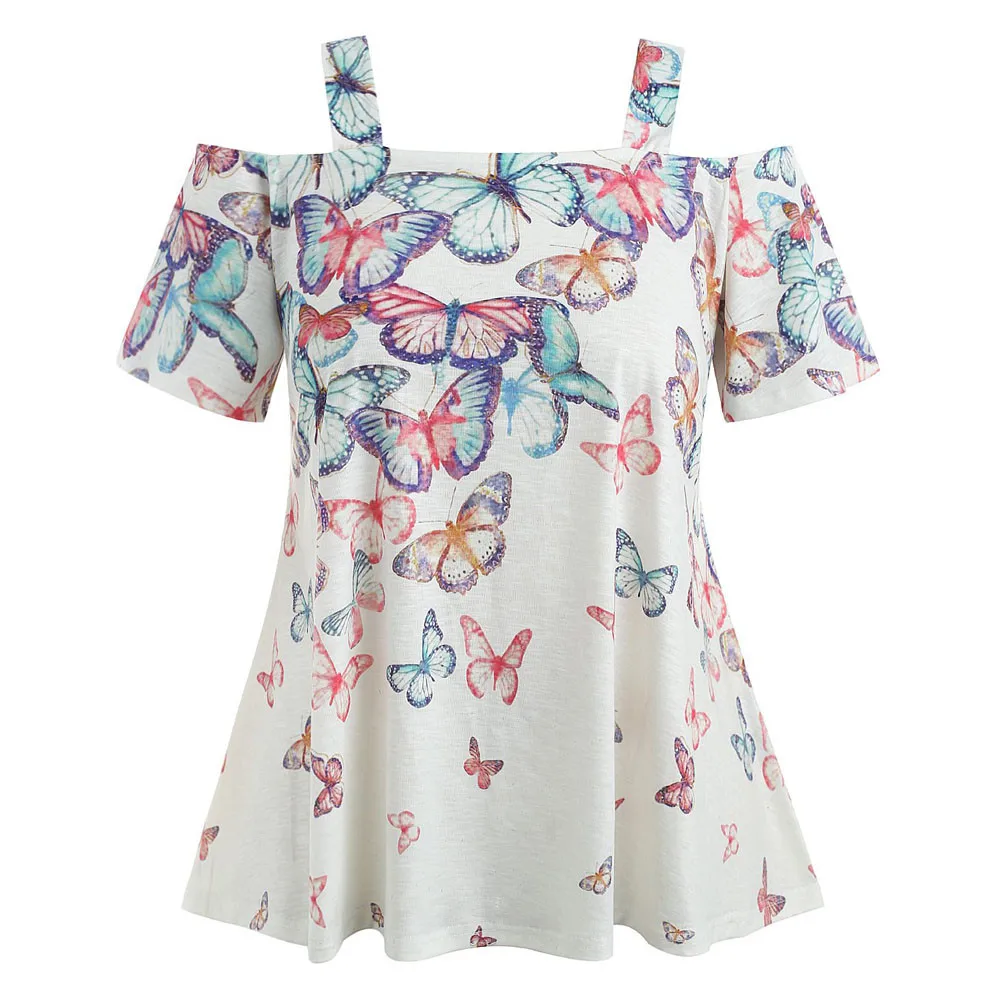Модная женская хлопковая Свободная рубашка в стиле бохо с открытыми плечами и бабочкой размера плюс, Повседневная Блузка с коротким рукавом, летняя женская блуза