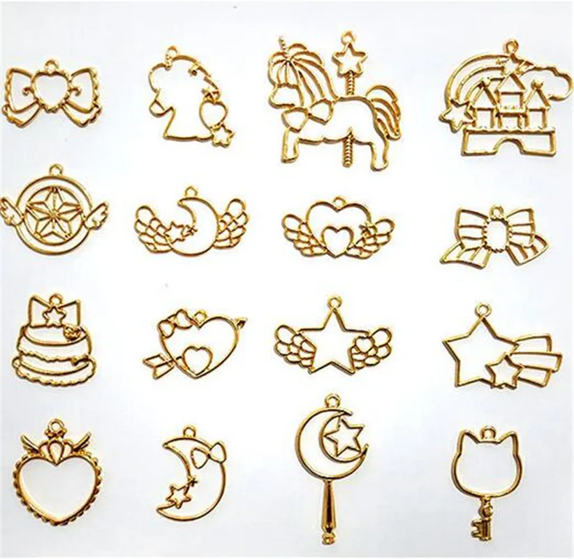 

12pcs/set Metal Frame Pendant Open Bezel Blank Setting Gold Charm Cabochon Setting Heart Star Moon Design For UV Resin