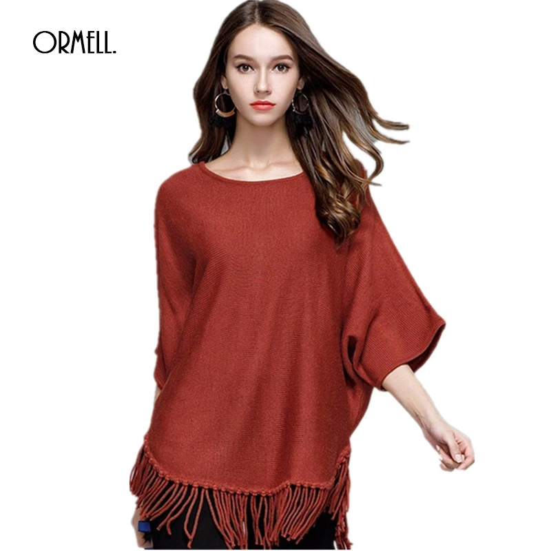 ORMELL Fashion Tassel Women Winter Sweaters 2017 New Autumn Female Casual Solid Batwing Sleeve Standard Knitting Long Pullover | Женская