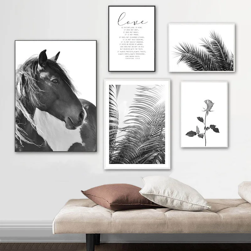 Черный, белый цвет Лошадь Wall Art Холст Картина, печатный плакат с кружевом детские носки Цитата картина на стену для Гостиная Современный домашний декор KL063