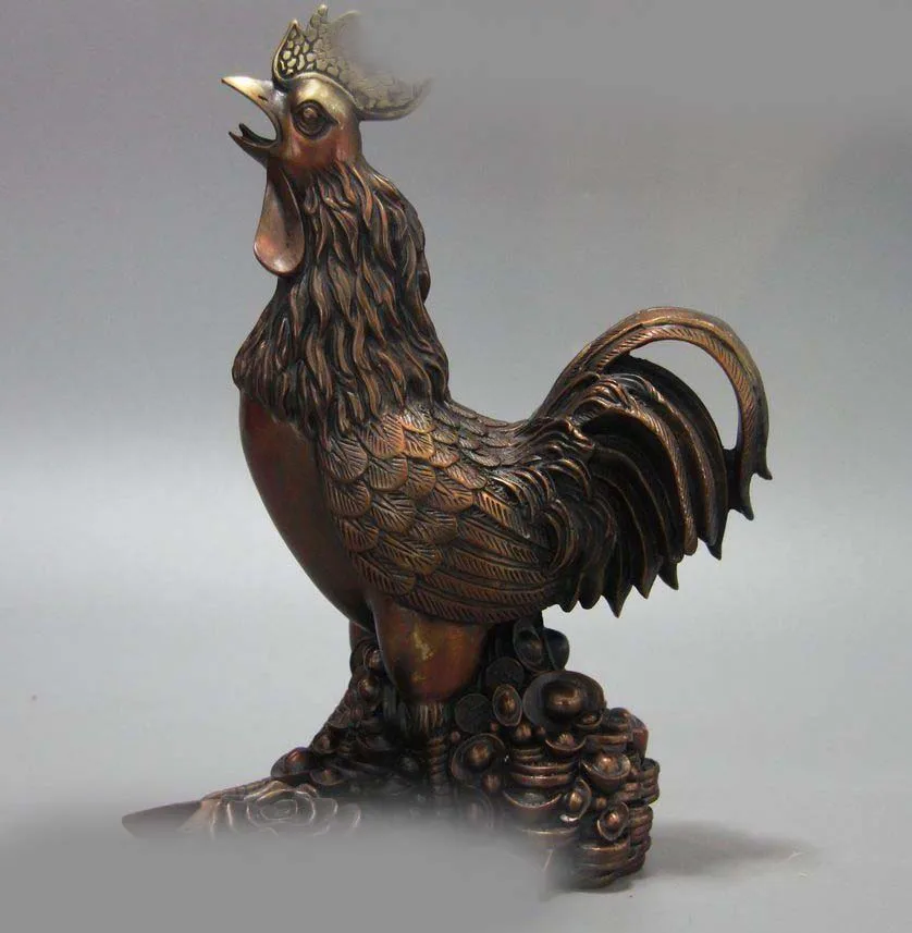 

12" China bronze sculpture carved Sycee Yuan Bao flower Feng Shui Rooster Statue