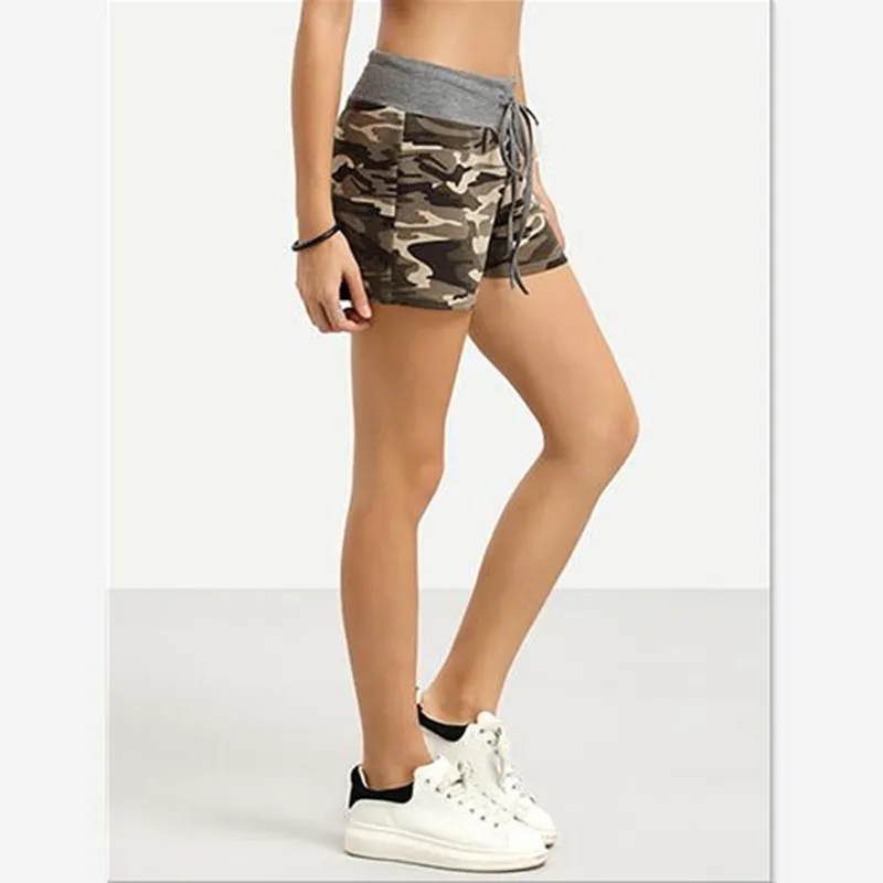 Women Shorts green Camouflage print Cotton Blend patchwork Elastic Wait Drawstring summer lady wild Military Active short Pants Shorts