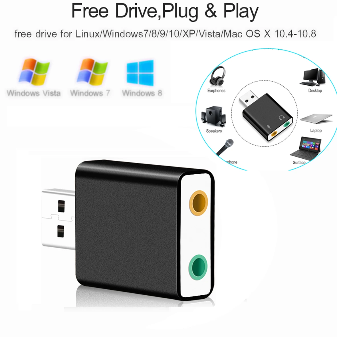 

7.1 USB Sound Card External Adapter USB Audio Card Stereo Jack 3.5mm Earphone Microphone Cord headphone for Computer Notebook PC