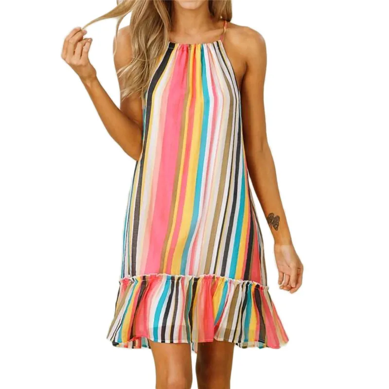 

Sleeveless dresses summer 2019 Ladies O-Neck summer dresses and sundresses Bandage Stripe Printed plus size dress sukienka #G6