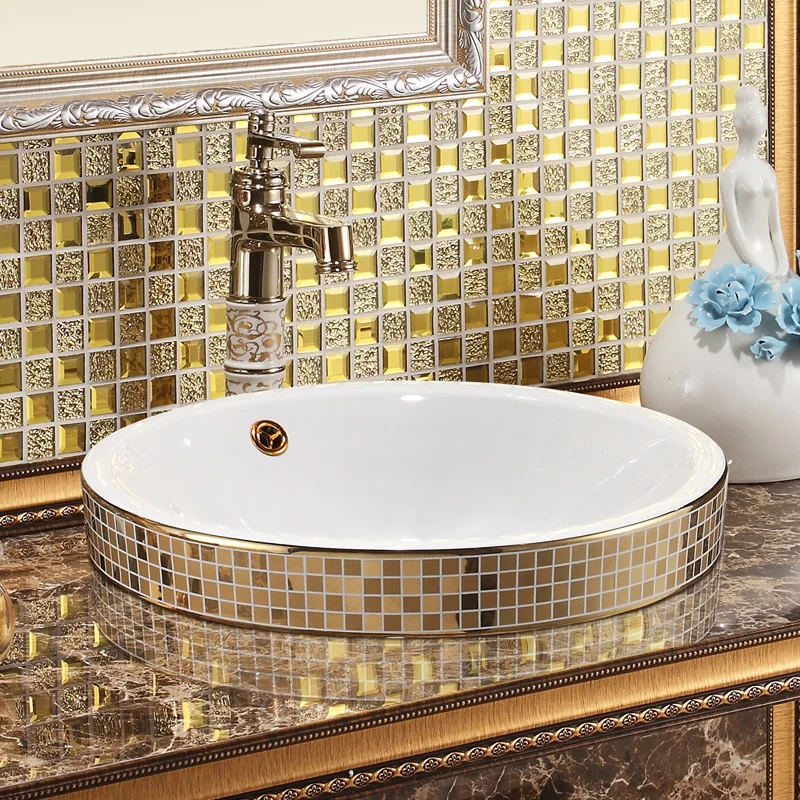 Gold Round art basin European ceramic wash basin American table basin semi-embedded bathroom sinks counter top basin (10)