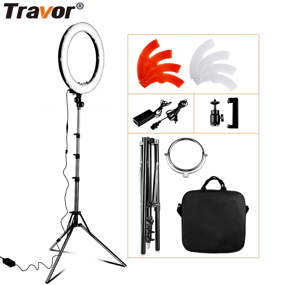 €85.45 30% de DESCUENTO|Travor RL 18 Dimmable fotografía anillo luz con bolsa de transporte 240 Uds led perlas dentro 55w ring luz lámpara para maquillaje y trípode de luz-in Kit de iluminación fotográfica from Productos electrónicos on AliExpress 