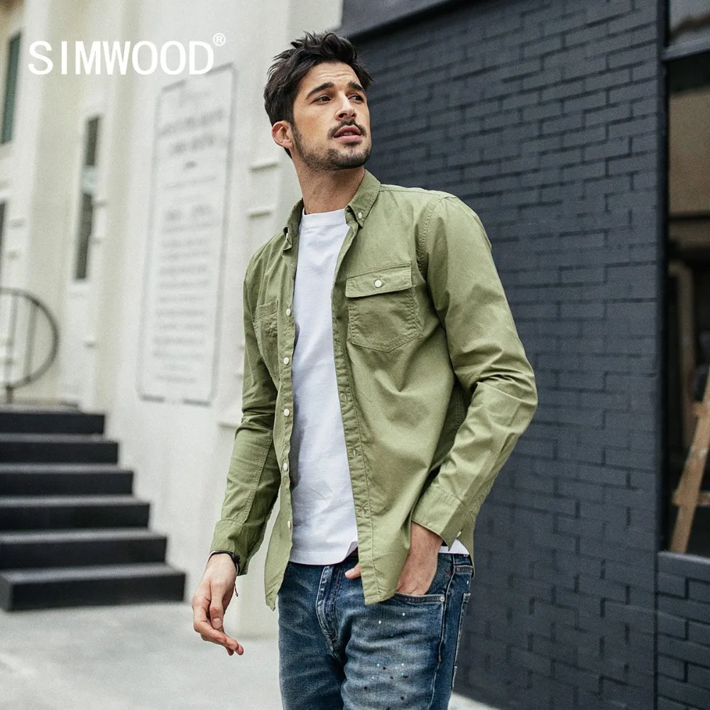 SIMWOOD новинка 2019 Осенние повседневные рубашки для мужчин тонкая рубашка из 100%
