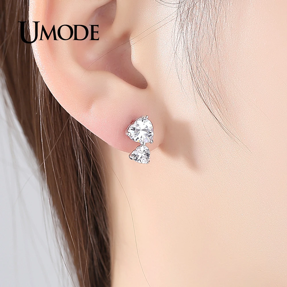 UMODE Trendy Fashion Wedding Jewelry Double Hearts CZ Crystal Stud Earrings for Women Love Gift Boucle D'Oreille Femme AUE0336