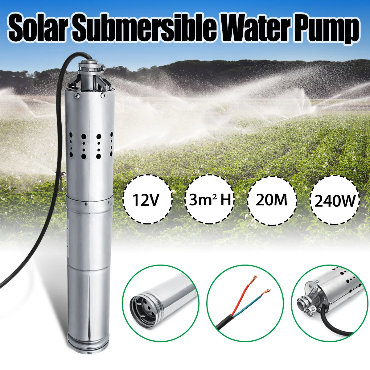 

Wolike DC 12V 3m3/h 20m Submersible Brushless Stainless Screw Solar Power Submersible Deep Well Water Pump w/Internal Controller