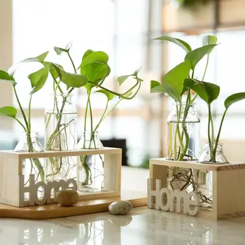 

OTHERHOUSE Wood Shelf Glass Vase Tabletop Flower Vase Plant Bonsai Creative Decor Flowers Terrarium Container Home Decoration