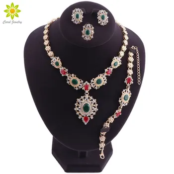 

Wedding Bridal Jewelry Sets For Women Red Green Gold Color CZ Rhinestone Vintage Dubai African Beads Necklace Earrings Set
