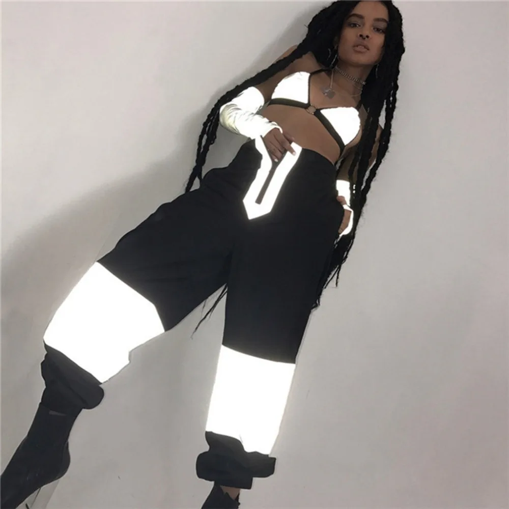

Sexy High Waist Long Pants and Bra Women Set Gray Reflective Trousers Casual Pants Festival Club Wear 2 Piece Set