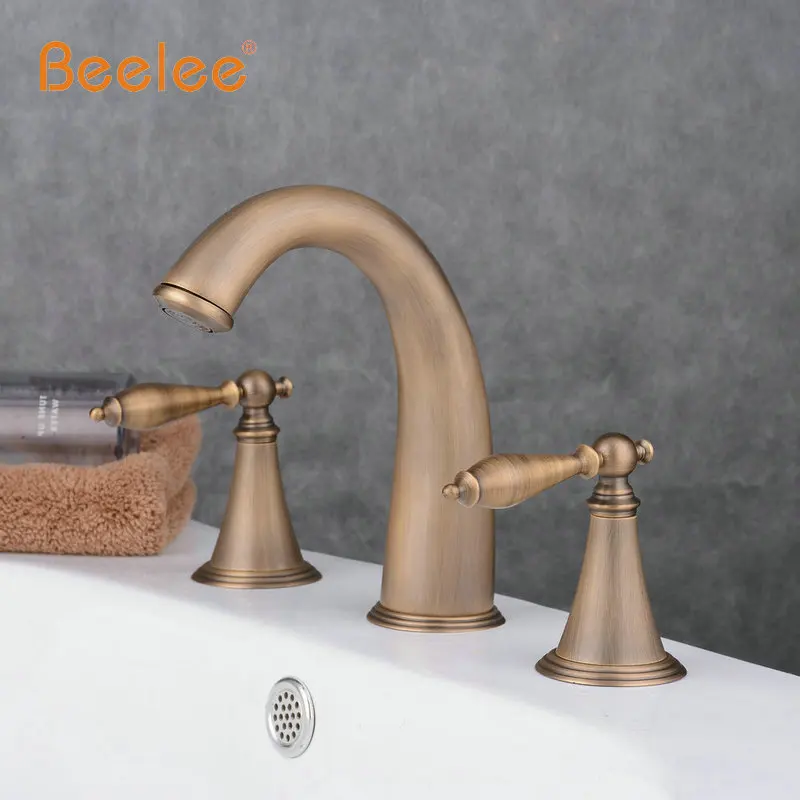 Beelee 4 ألوان 3 ثقوب العتيقة النحاس الطابق الخيالة الحمام صنبور حوض خلاط حوض حمام بالوعة الغرور صنبور مياه الحنفية حمام الحنفيات