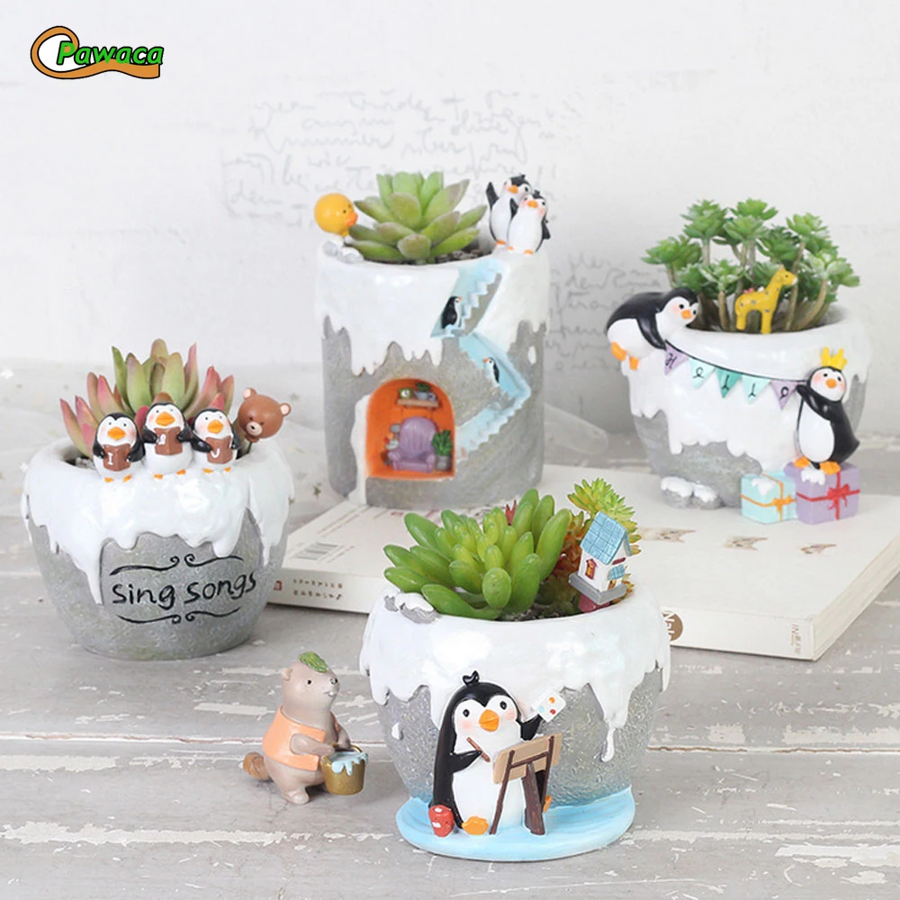 Cute Cartoon Antarctic Penguins Series Resin Planters Gardening Pots for Cactus Succulent Flower Home Decoration Pen Holder | Дом и сад