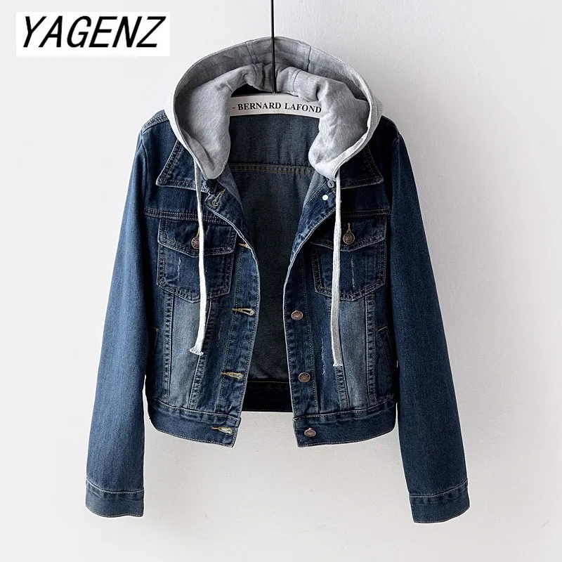 Destacável com Capuz Tamanho Grande Denim Curto Casacos 2019 Primavera Outono Vintage Denim Top Fino Jaqueta Jeans Jaqueta Casual Feminina 5xl