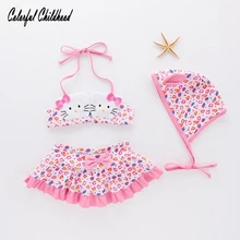 Купальный костюм для маленьких девочек с милым котом, с лямкой на шее, детский купальник для спа, Детский комплект из 3 предметов, Раздельный купальный костюм