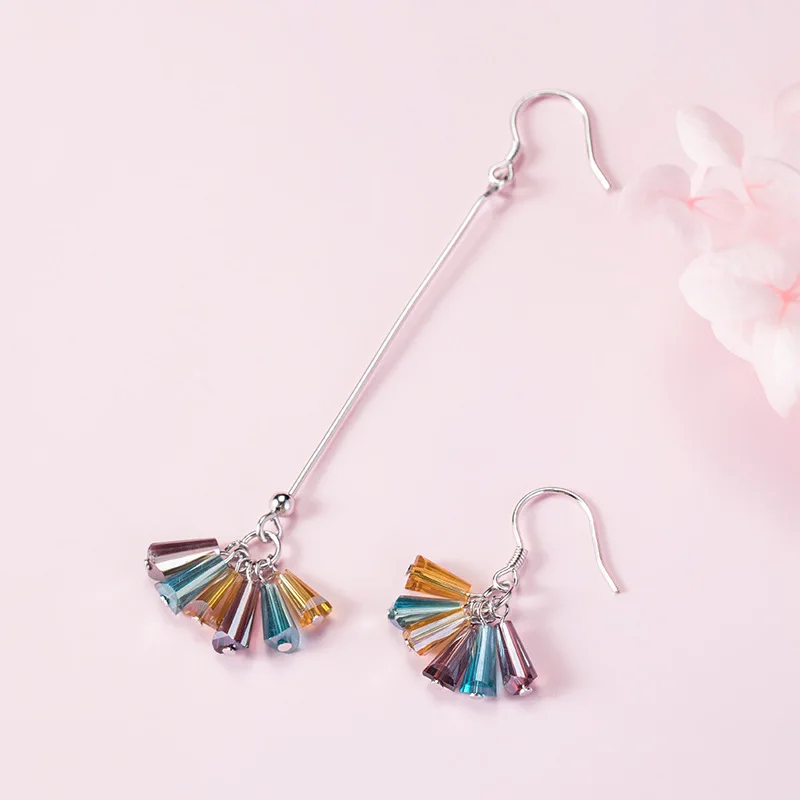 colorful crystal tassel asymetric earring woman S925 silver jewelry Fashion Hypoallergenic dangle earrings women silver earring