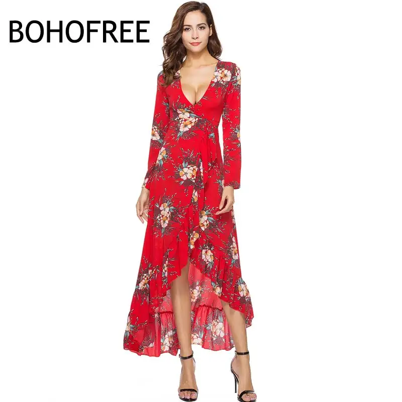 BOHOFREE-Red-Floral-Long-Dress-V-Neck-Boho-Chic-Maxi-Dress-Long-Sleeve ...
