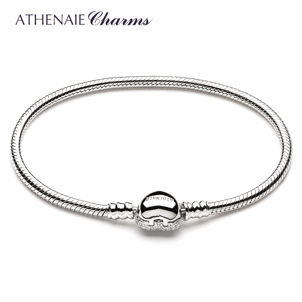 ATHENAIE 925 Sterling Silver Snake Chain With Pave Clear CZ Heart Clasp Bracelet Fit All European Charm Beads Christmas Jewelry