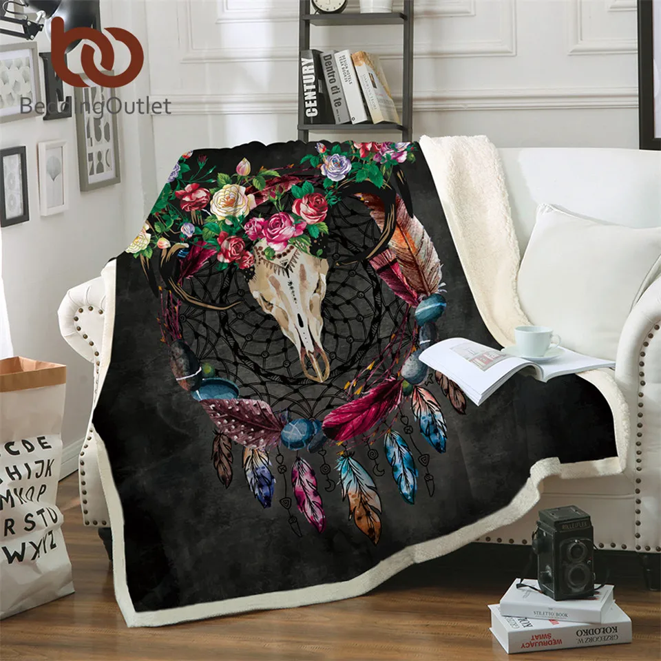 

BeddingOutlet Boho Dreamcatcher Sherpa Throw Blanket Tribal Horns Flower Bedspread Gothic Skull Velvet Plush Bed Blanket 150x200
