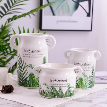 

1PC Natural Ceramic Vase Green Leaf Flower Vase with Double Handles Dessert Design Home Decorative Hydroponic Container
