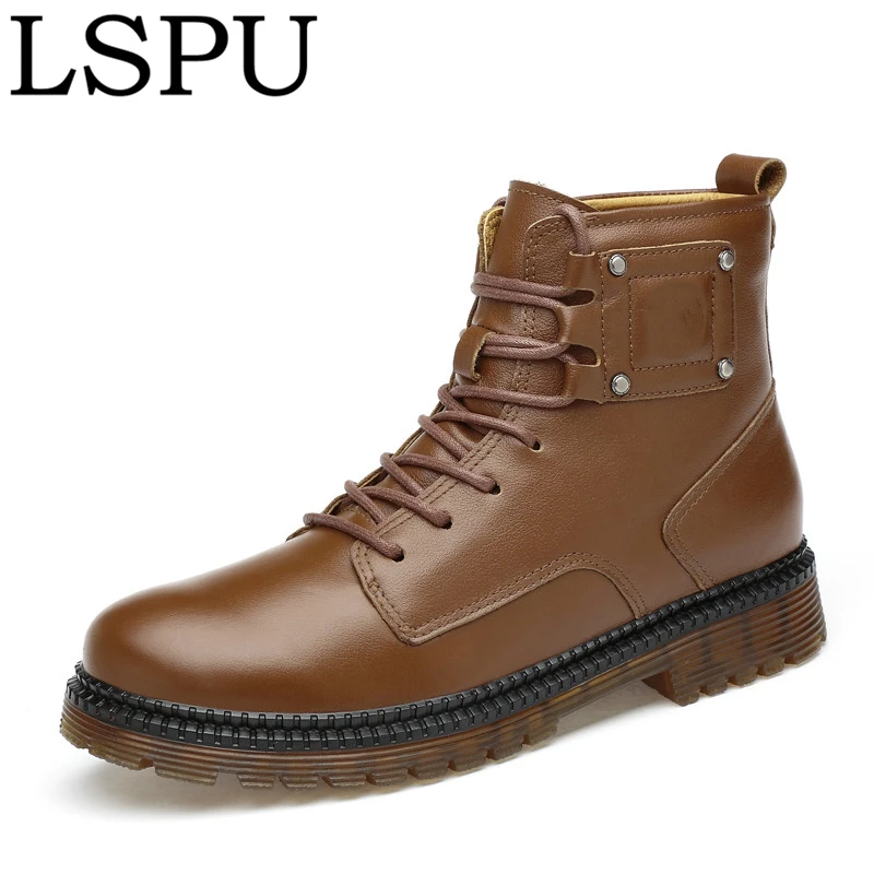

High Quality Genuine Leather Winter Boots Lace Up Warm Plush Men Martin Boots Ankle Botas Fashion Men Snow Boots Plus Size 37-45