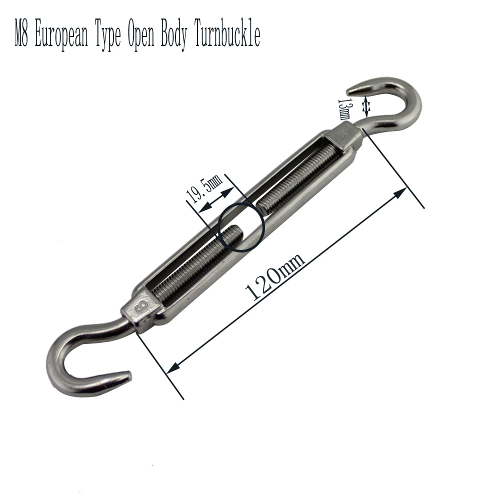 Stainless Adjustable Hook-Hook Turnbuckle European Style Open Body Adjustable Wire Rope Tension M6 for Sun Shade Kits 4pcs