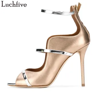 

Luchfive Golden High Heel Sandals Women Pumps Runway Tip Strap Decor Sexy Peep Toe Stilettos 2019 Newest Sapatos Mujer