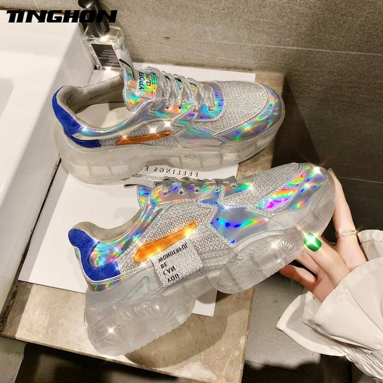 

TINGHON Women Trend Transparent Sneakers Harajuku Ladies Platform Jelly Shoes Laser Casual Shoes Shining Running Footwear