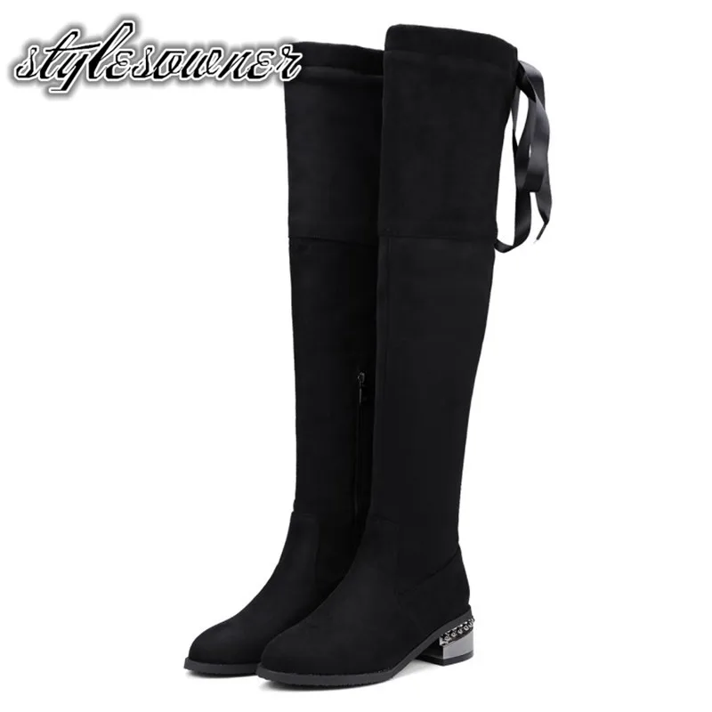 

Stylesowner Popular in 2018 Top Quality Flock Western Woman Knee-high Boots Low Heels Square Heels with Plush Female Long Boots