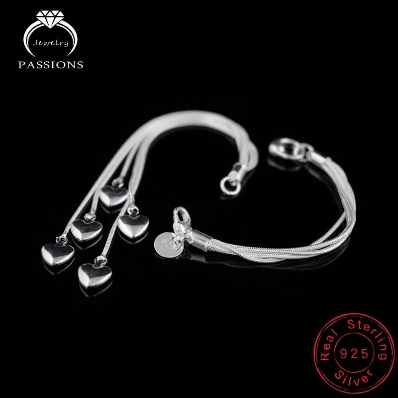 Новое поступление модные 925 Браслеты стерлингового серебра элегантные многослойные любовь с кисточкой-сердцем кулон браслет-цепочка для Для женщин ювелирные изделия