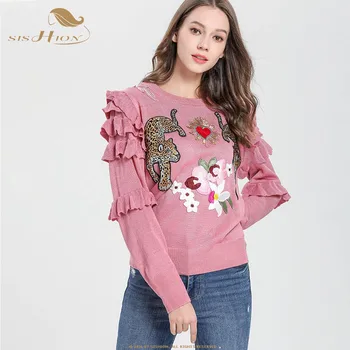 

SISHION Spring Animal Embroidery Knitted Pink Sweaters Pullovers Women Runway Design Ruffle Elegant Top Clothes DL8240