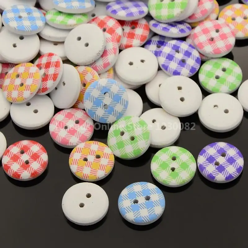 2 Hole Flat Round font b Tartan b font Pattern Printed Wooden Sewing Buttons Dyed Mixed