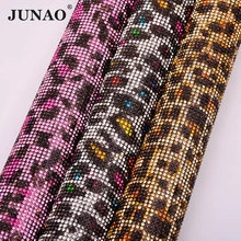 JUNAO-ruban léopard auto-adhésif 24*40cm | Ruban d'habillage en tissu et maille de cristal avec Strass, Hotfix Appliques pour l'artisanat de bijoux