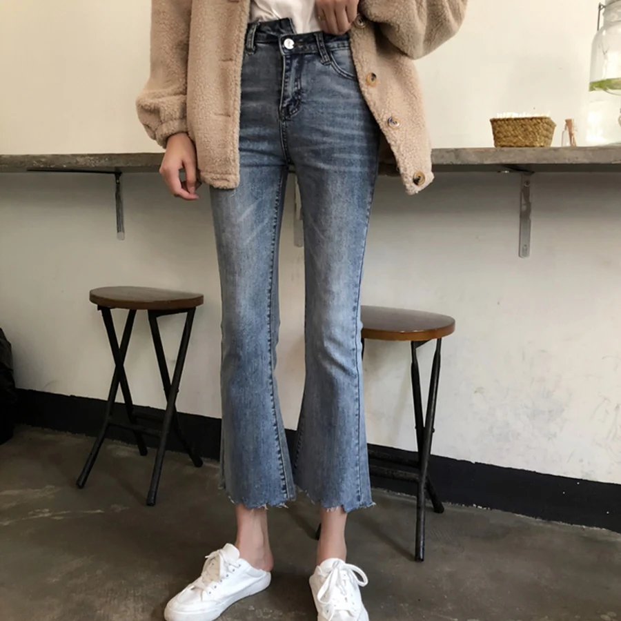 

Autumn New Style Solid Color Irregular Jeans Ladies High Waist Slim Korean Version Of Nine Pants Women Washed Denim Flared Pants