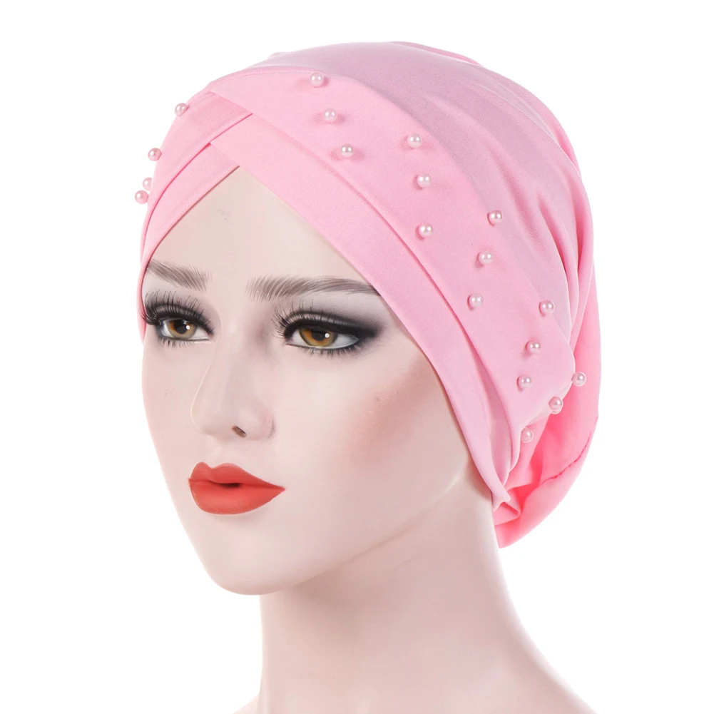 

Women Stretch Bandanas Forehead Cross Beaded Turban Hat Pearl Bandana Chemotherapy Cap Ladies Harajuke Black Blue Bandana