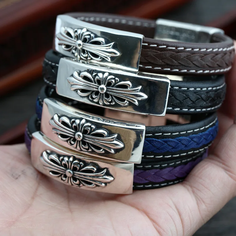 

S925 Sterling Silver Jewelry Fashion Personality Leather Cowhide Simple Cross Men And Women Buckle Bracelet&Bracelet Homme