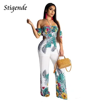 

Stigende Boho Wide Leg Floral Print Jumpsuit Women Sexy Summer Off Shoulder Jumpsuit Short Sleeve Backless Bandage Jumpsuit