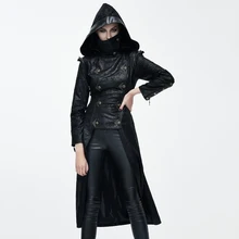 Devil Fashion Gothic Ninja Style Faux Leather Long Jacket for Women Steampunk Slim-Fitting Autumn Winter Hooded Coats Overcoats