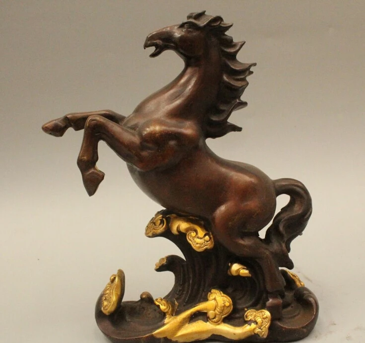 

9" Chinese Folk Feng Shui Bonze Gild Zodiac Year Horse Animal Statue Sculpture