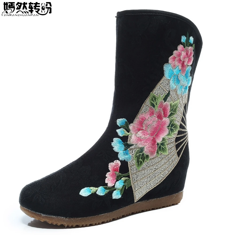 

Winter Floral Embroidery Women Canvas Mid-calf Boots Hidden Wedge Ladies Comfort Denim Cotton Autumn Booties Shoes Black