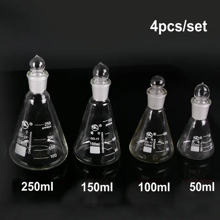 50ml, 100ml, 150ml, 250ml 4pcs/set/lot Glass conical flask with cover